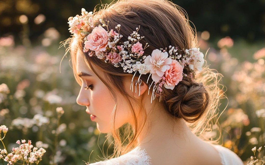 Accessoires cheveux bohèmes pour mariage champêtre : couronnes de fleurs, peignes et barrettes romantiques